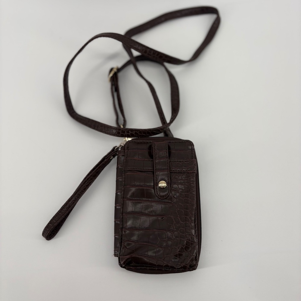 Crocodile Embossed Wallet Crossbody Bag with Strap Dark Brown